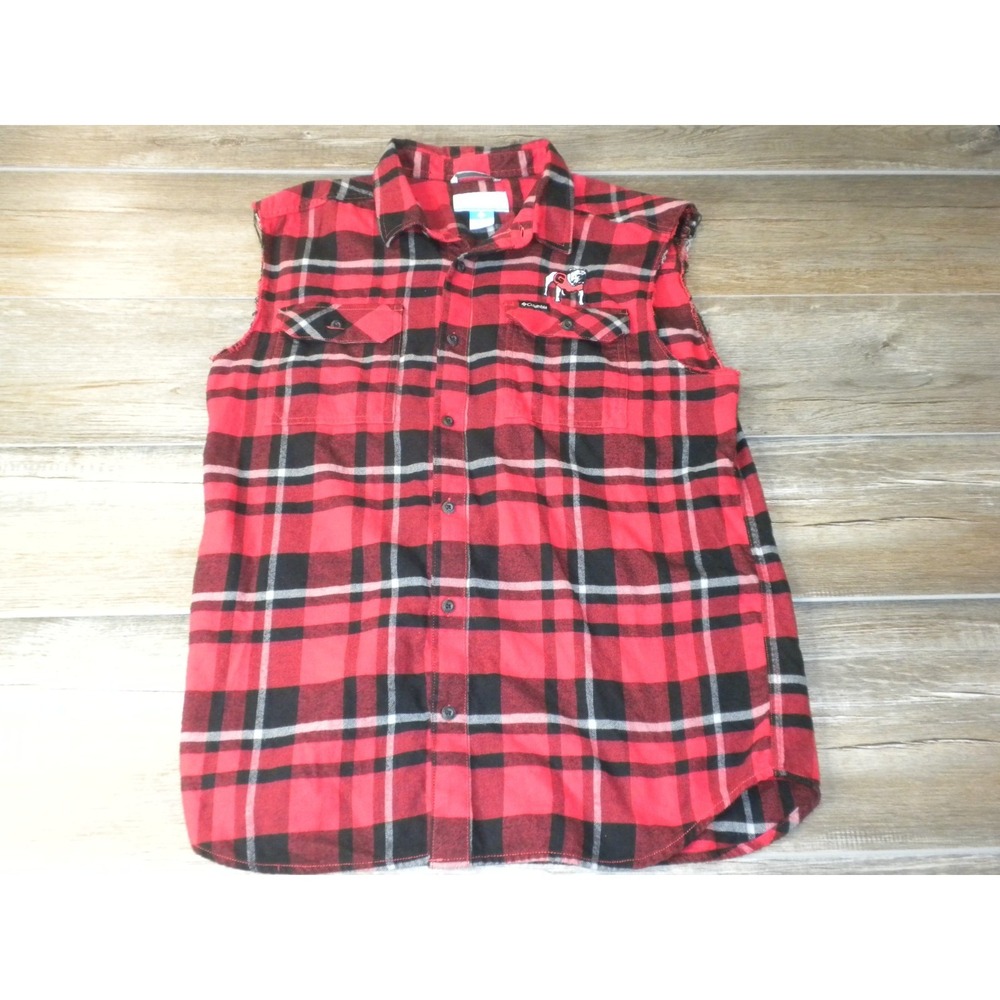 Columbia Georgia Bulldogs Flannel Shirt L Red Black Flare Gun Plaid Sleeveless